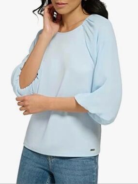Calvin Klein Light Blue Balloon-Sleeve Pullover Blouse